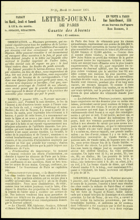 N°30 OBL étoile 4 + CAD "Paris R. d'Enghien" (13 janv 71) sur Gazette des Absents n°25 pour Nottingham (GB) avec arrivée 16 nov, TB