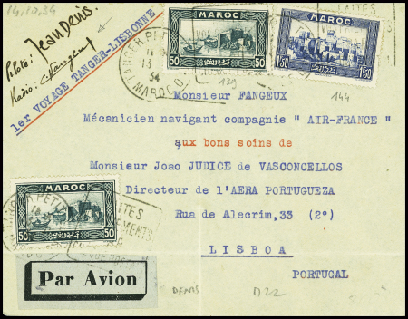 14.10.1934 Tanger - Lisbonne (M22 Maroc), lettre avec signatures du pilote Denis et du radio Fangeux. Rare et TB