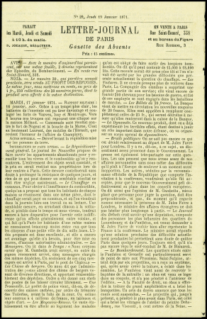 N°20 PAIRE pli d'archive et N°37, obl. Etoile 24 s. Gazette N°29, càd R. de Cléry 19/1/71, arr. LONDON 26/1, très bonne combinaison avec affrt RR, TB.