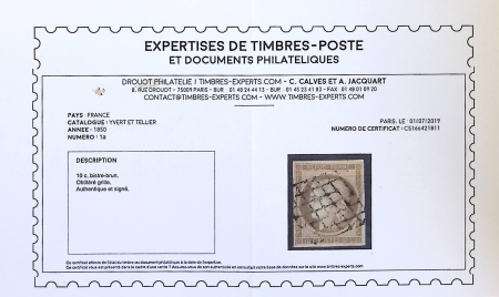 N°1a 10c bistre-brun, obl. GRILLE, TB, certif. Calves