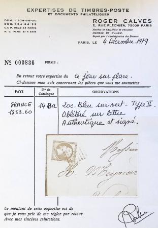 N°14Ba 20c bleu sur VERT, T II, obl. Losange s. LAC, càd GRENOBLE 10/4/61, arr. VALREAS le 11/4/61, TB. Signé Calves + certif.
