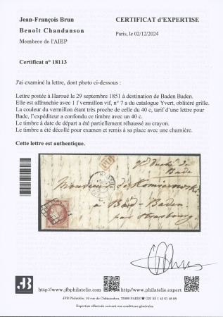 Exceptionnel 1 franc vermillon pour BADEN-BADENLettrecert.