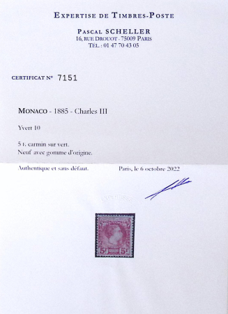 N°10 5f carmin sur vert, très frais, neuf * (très légère