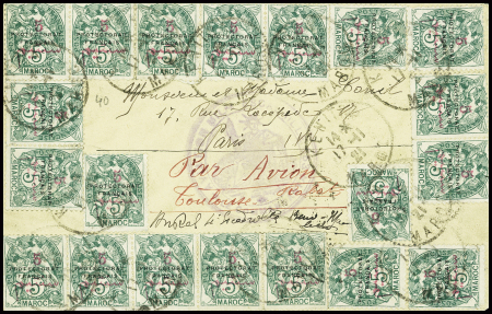 Maroc n°40, 5c vert type Blanc, 20 pièces, obl Kenitra (1921) sur lettre par avion pour Paris. AFF spectaculaire. TB