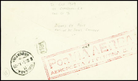 Argentine n°324, 4 pièces obl Comodoro Rivadavia sur lettre pour Buenos Aires avec signature de Saint-Exupéry (Muller n°61 Argentine). RRR et TB