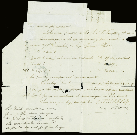 N°49 obl cachet 2 cercles bleus "ADMON DE CAMBIO Barcelona 3 Ctos" (1871) sur lettre de Marseille pour Barcelone. Rr et TB, signé Calves