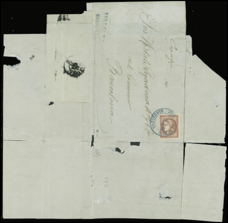 N°49 obl cachet 2 cercles bleus "ADMON DE CAMBIO Barcelona 3 Ctos" (1871) sur lettre de Marseille pour Barcelone. Rr et TB, signé Calves