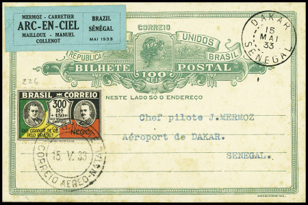 15.5.1933 Natal - Dakar par Mermoz sur l'Arc-en-Ciel, entier carte postale du Brésil adressé à "Chef pilote J.Mermoz aéroport de Dakar" (Muller n°189)