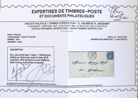 N°44 OBL GC 359 + T17 Bayonne (24 nov 70) sur lettre, certificat Calves. TB. Cote 1300€