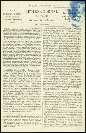 N°29 obl. Étoile 4 + CAD "Paris R. d'Enghien" (7 dec 70) sur Gazette des Absents n°14 pour Bordeaux avec arrivée 20 dec (Le Général Renault). TB