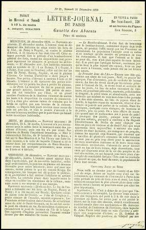 N°28 + 29 obl. Étoile muette + CAD "Paris (60)" (3 janv 71) sur gazette des Absents n°21 pour Manchester (GB) avec arrivée 11 janv (Le Newton. TB