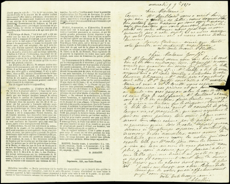 N°29 obl. Étoile 2 + CAD "Paris R. St Lazare" (9 nov 70) sur Gazette des Absents pour Airaines (Somme) avec arrivée 1 dec 70 (Le Daguerre). TB