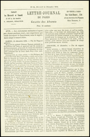 N°29 obl. GC 445 + CAD "Paris Bercy" (15 dec 1870) sur Gazette des Absents n°16 pour Segrie-Fontaine par Athis (Orne) sans arrivée (Le Parmentier). TB