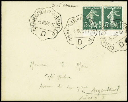 N°137 en paire de carnet obl. CAD ondulé "Chambre des députés D" (5 mars 1907 - 1er jour d'émission) sur lettre. TB