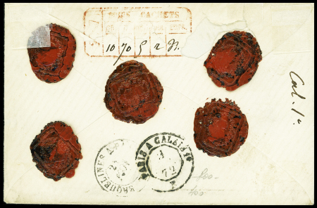 2 lettres : n°30, 2 paires, obl GC 2687 + T16 Notre Dame de Liesse (1872) sur lettre chargée pour Londres et n°30, bande de 3 obl étoile muette sur lettre