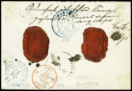 2 lettres : n°30, 2 paires, obl GC 2687 + T16 Notre Dame de Liesse (1872) sur lettre chargée pour Londres et n°30, bande de 3 obl étoile muette sur lettre