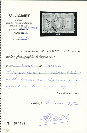 N°33 5f violet-gris obl étoile 1, sup, certificat Jamet