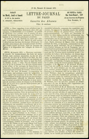 N°29 obl étoile 2 + CAD "Paris R. St Lazare" (28 janv 71) sur Gazette des Absents n°33 du 28 janv 71 pour Airaines Somme (arrivée 14 fev) avec griffe
