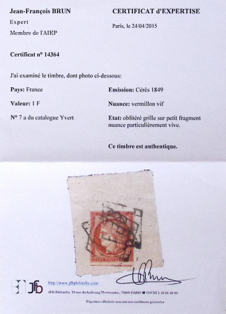 N°7a 1 franc vermillon vif, nuance particulièrement