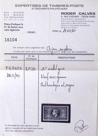 N°33 5f violet-gris, neuf *, B/TB. Signé avec certificat