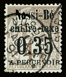 Taxe n°4 35c s. 4c lilas brun s. gris, obl., très