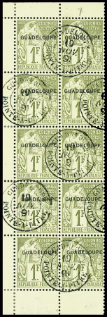 N°26 1f olive,  en bloc de 10, cdf, obl., TB.