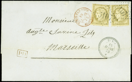 TUNIS France N°56 (x2) obl. GC 5107 s. LAC, càd TUNIS 18/3/73 et càd rouge TUNIS PAR BONE ALGERIE, TTB