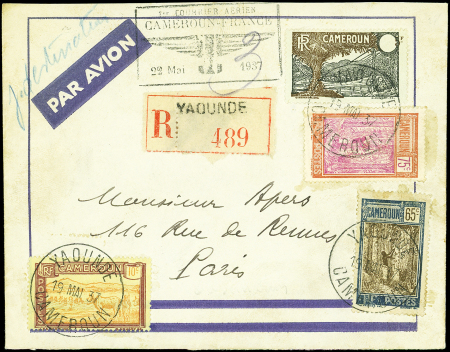N°130a 5f noir et brun, valeur HORS cartouche + 3 autres t. obl. YAOUNDE 19/5/37 s. Env. Rec. Par Avion, arr. Paris, variété RR s. Lettre, TB