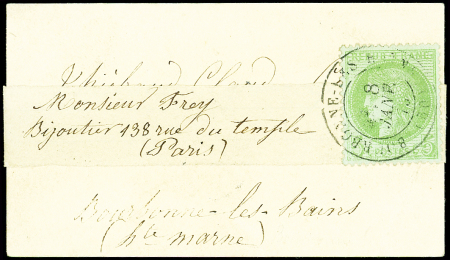 N°53 5c vert-jaune sur azuré, obl. càd BOURBONNE-LES-BAINS 8/1/75 seul s. bande avec carte de visite, port local, RR ainsi, Superbe