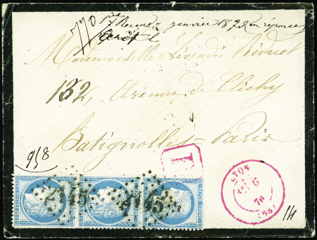 N°60C 25c bleu, T III, BANDE de 3 obl. GC 2145 s. Env. Rec., càd T17 LYON 6/1/76 en ROSE, R et TB