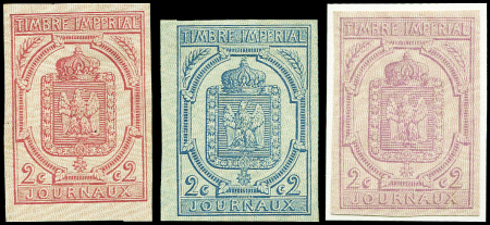 N°1/3 2c lilas, 2c bleu, 2c rose, ESSAIS avec fond burelé, TB