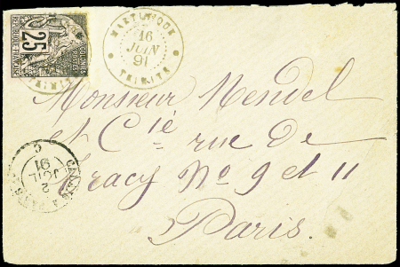 N°54 25c noir s. rose, obl. càd MARTINIQUE TRINITE 16/6/91 s. Env. pour Paris, TB