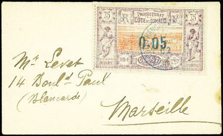 N°23 0,05 sur 75c. violet et brun et orange, obl. s. petite Env. pour Marseille, 1902, TB