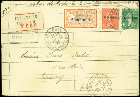 N°145-CI 2 Merson, 2f orange et vert + N°159-CI 3 et 203-CI 1, tous surch. SPECIMEN et obl. TOULOUSE COURS PRATIQUES 30/12/26 s. doc., TB