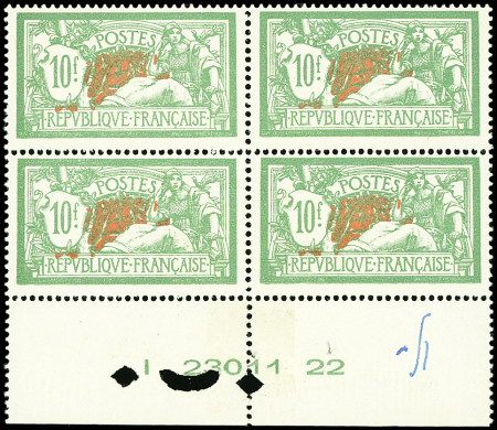 N°207 Merson, 10f vert et rouge, BLOC de 4 bdf, neuf **, Superbe