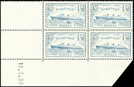 N°300 Normandie, 1f50 bleu clair, BLOC de 4 CD 19/5/36, neuf **, trace de ch. sur bdf, TB