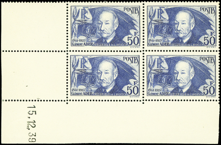 N°398 Clément Ader, 50f outremer, BLOC de 4 CD 15/12/39, neuf **, TB. Signé Scheller