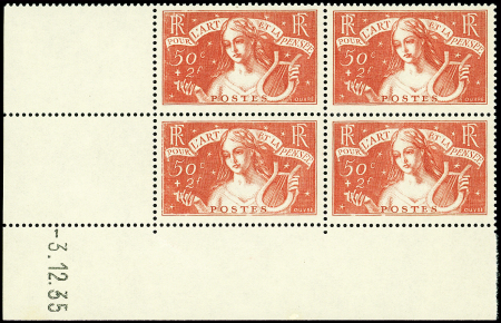 N°308 Art et Pensée, 50c + 2f rouge-brique, BLOC de 4 CD 3/12/35, neuf **, TB