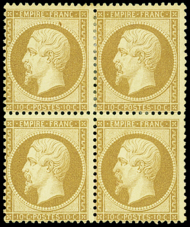 N°21b 10c bistre-brun, BLOC de 4, 1 t. avec petites rousseurs, sinon frais, jolie nuance, neuf *, TB