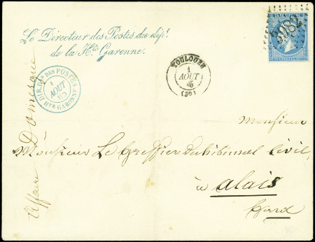 N°22 20c bleu, obl. GC 3982 s. Env., càd T15 TOULOUSE 1/8/65, Griffe "le Directeur des Postes du dépt/de la Hte Garonne" et càd BLEU DIR.Dle des POSTES Hte GARONNE 1/8, RR et TTB