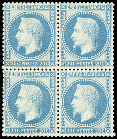 N°29A 20c bleu, T I, BLOC de 4, neuf **, la paire sup. inf. trace de ch., qqs froissures de gomme mais très bon centrage et grande fraîcheur, TB