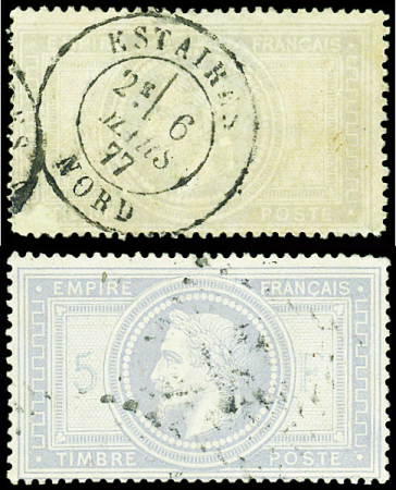 N°33 5f violet-gris, 2 ex. défx, obl. GC et càd T18, B/TB