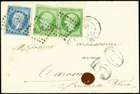 N°12 et 14A, 5c (2) et 20c obl. PC 2272 s. Env., càd T15 NIMES 26/5/58, TAXE 30 DT pour 2e échelon de poids (60-30), TB