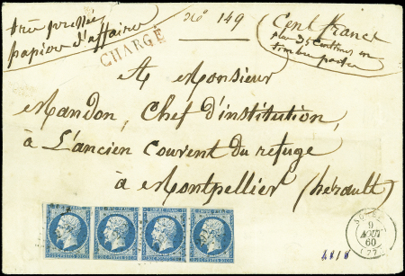 N°14A 20c bleu, BANDE de 4 touchée obl. PC 2925 s. "papiers d'affaires" CHARGE, càd T15 SOREZE 9/8/60, ensemble intéressant, frappes TTB