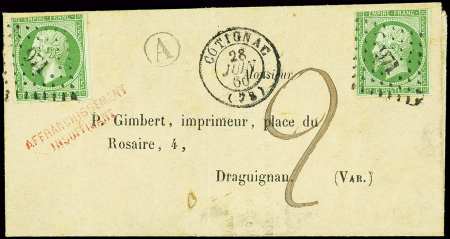 N°12 5c vert, 2ex. touchés, obl. PC 971 s. LAC, càd T15 COTIGNAC 28/6/60, Boite A et TAXE 2 (30-10) pour Draguignan, frappes TTB