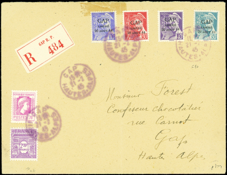 GAP N°1/4 la série obl. 21/2/45 s. Env. Rec. avec N°626 et 635, TB, signé Mayer
