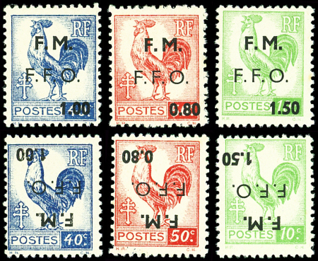 COGNAC N°1/3 Coq, 3 valeurs, surch. normale et renversée, neuf **, TB