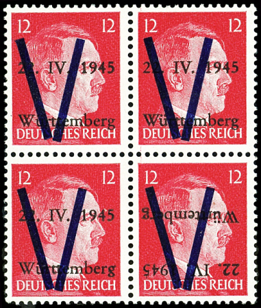 WURTEMBERG N°5 12p carmin, V normal sur RENVERSE dans un BLOC de 4, neuf **, TB