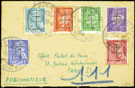 PARIS 49 - N°8, 9, 11/14 : obl. R. de la Reine Blanche 13/9/44 s. Pneumatique, TB, signé Mayer