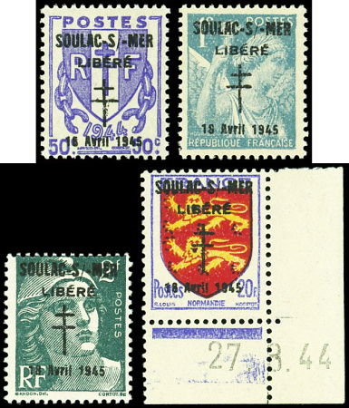 SOULAC SUR MER N°1C, 2C, 4Ma, 10C, ce dernier CD 27/3/44, neuf *, TB, signés Calves ou Mayer